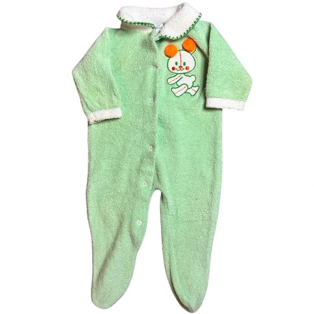 Vtg 70s Trimfit Sleeper Terry Cloth Green Mouse Applique Baby Small‎ 0-15 Lbs